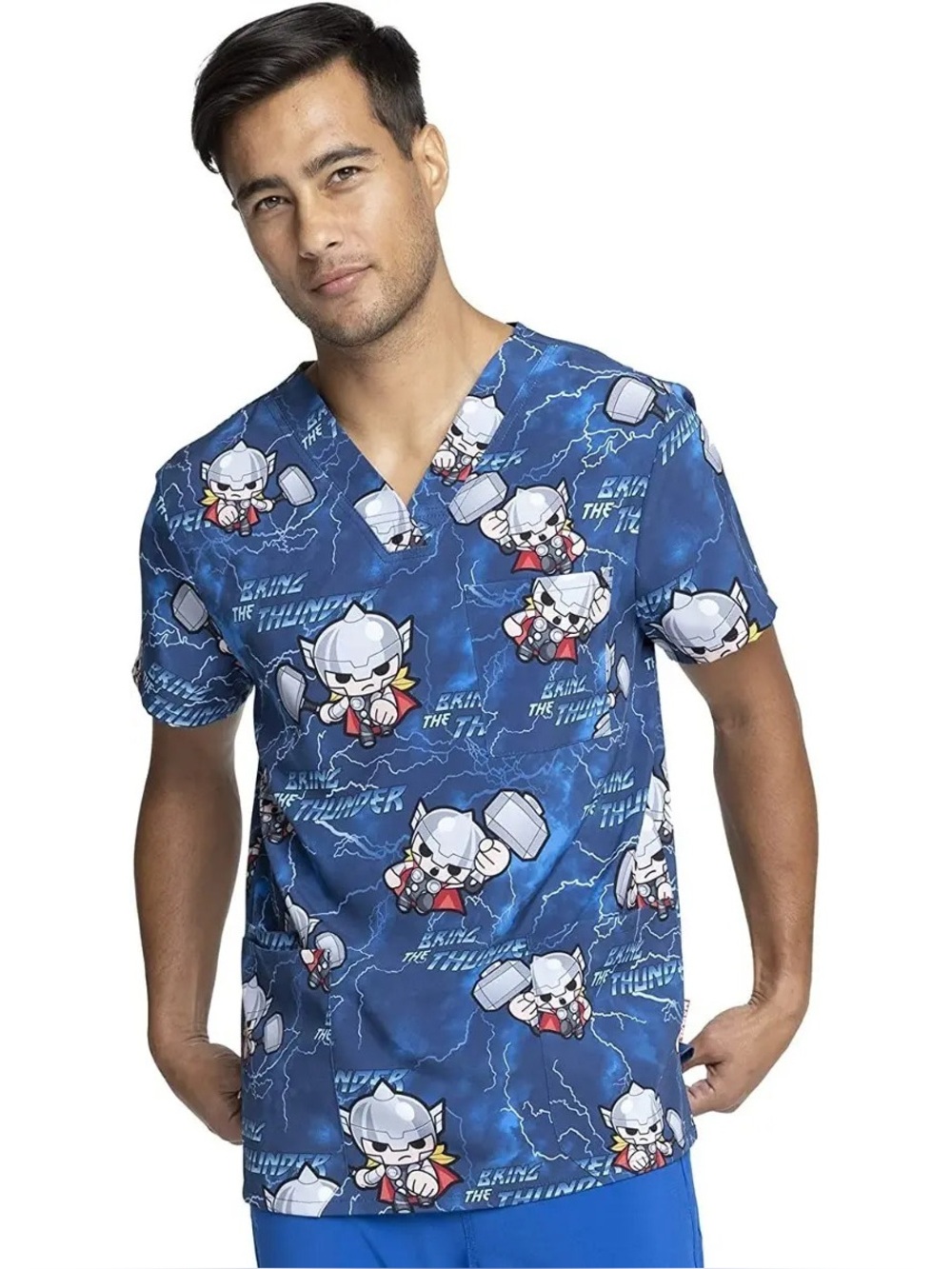 Tooniforms Bring The Thunder Thor Unisex 4-Pocket V-Neck Print Scrub Top Sz 3XL